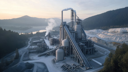 An aerial view captures an industrial cement factory at sunrise, showcasing towering stacks and silos amidst a scenic mountain backdrop, representing heavy industry.の素材