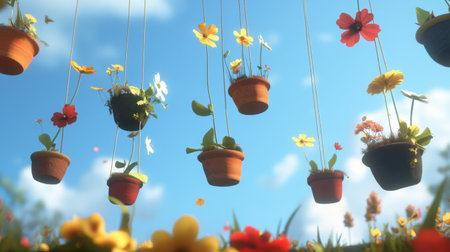 Bright and lively scene of hanging flower pots featuring colorful blooms against a brilliant blue sky, showcasing the beauty of nature and tranquility in a garden setting.の素材