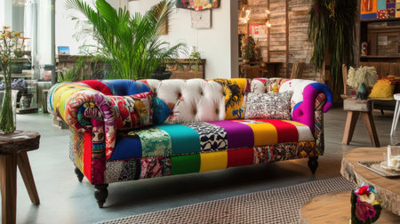 A vibrant patchwork sofa adds a playful touch to a modern living space, surrounded by lush plants and artistic decor. Perfect for creative interiors.の素材