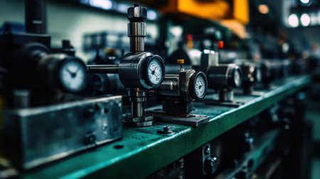 This image captures a collection of industrial gauges and pressure regulators in a manufacturing facility, showcasing intricate details and the rugged beauty of machinery.の素材