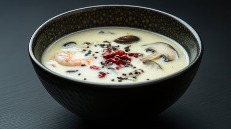 A delicious seafood soup showcasing shrimp and mushrooms in a creamy broth, garnished with spices, perfect for culinary creations and food photography.の素材