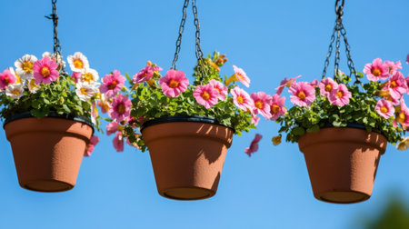 Delight in the beauty of vibrant hanging flower pots showcasing colorful blossoms against a stunning blue sky, perfect for enhancing garden spaces and outdoor decor.の素材