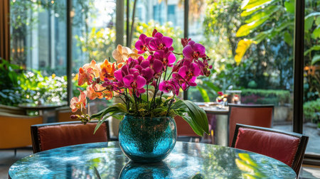 This stunning arrangement features vibrantly colored orchids in a stylish glass vase, perfectly positioned on a round table amidst an inviting indoor setting filled with greenery.の素材