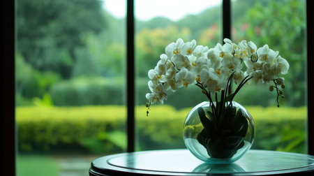 This stunning image features a delicate arrangement of white orchids in a glass vase, set against a lush green outdoor backdrop, perfect for inspiring home decor ideas.の素材