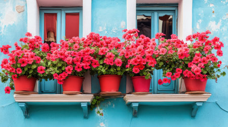 Bright pink flowers in red pots adorn a charming balcony against a vivid blue wall. This colorful scene captures the essence of summer and urban beauty.の素材