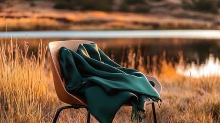 A modern chair adorned with a green blanket sits beside a peaceful lake, surrounded by autumn foliage, capturing a serene and cozy outdoor atmosphere during sunset.の素材