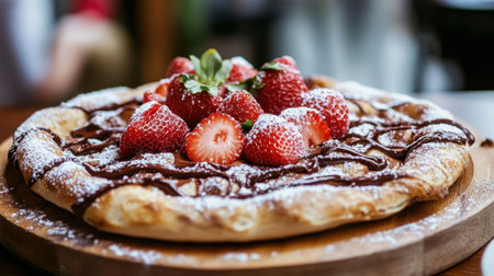 A tempting dessert pizza adorned with juicy strawberries, rich chocolate, and a light dusting of powdered sugar, perfect for any sweet occasion or gathering.の素材