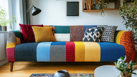 Vibrant patchwork sofa in a modern living room filled with natural light, featuring colorful cushions and stylish decor elements, creating a cozy atmosphere.の素材