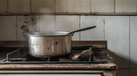 A stainless steel pot sits on an old stovetop, with steam softly rising in a rustic kitchen setting featuring worn tiles and a rugged wooden counter.の素材