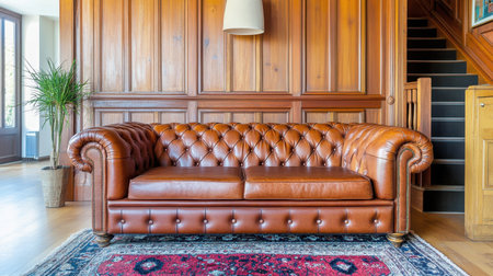This stunning chesterfield sofa in rich brown leather enhances any room's aesthetic, creating a warm and inviting atmosphere perfect for relaxation and stylish decor.の素材