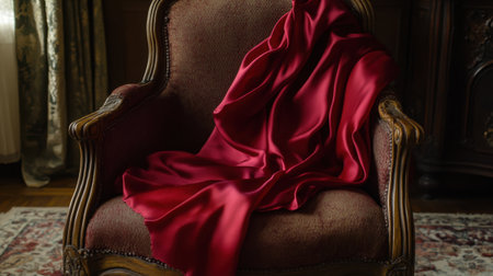 A striking red satin fabric elegantly drapes over a vintage armchair, creating a warm and inviting atmosphere for interior design projects and inspiration.の素材