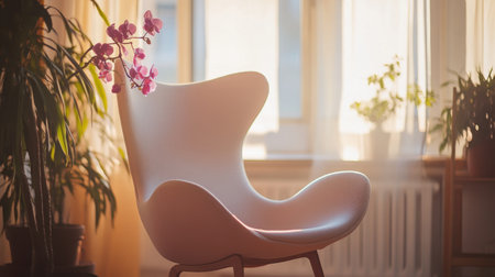 A serene interior scene showcasing a stylish chair adorned with orchids, perfect for a cozy living space. Lush greenery and soft light create a tranquil atmosphere.の素材