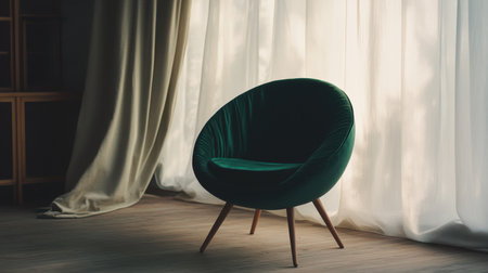 A chic green velvet chair stands elegantly in a sunlit room, surrounded by soft drapes. This stylish piece enhances any modern interior and adds a cozy touch.の素材