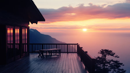 A stunning sunset view from a mountain cabin's balcony captures the beauty of the ocean and vibrant sky colors, offering a serene and peaceful atmosphere for relaxation.の素材