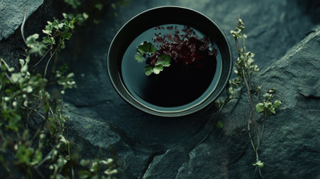 This striking image features a dark bowl filled with liquid, garnished with fresh herbs, positioned on a textured stone surface, evoking a serene culinary atmosphere.の素材