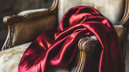 A stunning red satin fabric elegantly drapes over an antique wooden armchair, bringing a touch of luxury and warmth to an inviting indoor space.の素材