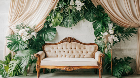 Discover an enchanting interior scene featuring an elegant vintage sofa surrounded by exquisite greenery and delicate floral arrangements, perfect for creating a serene atmosphere.の素材
