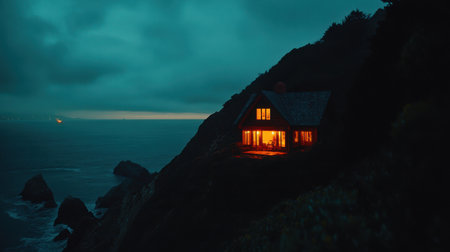 A charming coastal cottage glows warmly at dusk, perched on a dramatic cliff overlooking a tranquil ocean, embodying a serene and peaceful retreat getaway.の素材
