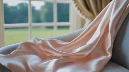 This image showcases elegant light pink satin fabric draped over a soft blue chair, complemented by a serene outdoor view through a classic window.の素材
