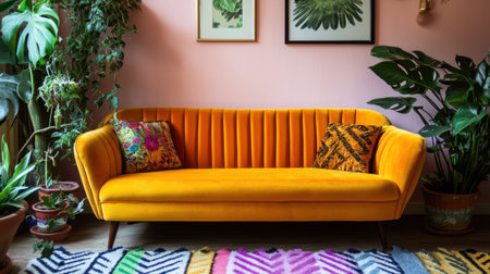 A bright orange couch invites comfort in this cozy living space filled with lush greenery and artistic elements. Perfect for a relaxing and stylish home atmosphere.の素材