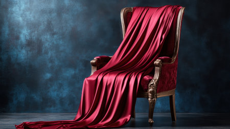 A stunning vintage armchair elegantly draped with rich red satin fabric against a textured dark background, offering luxurious inspiration for upscale interior designs.の素材