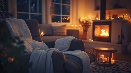 A beautifully designed living room setting featuring a cozy chair wrapped in a soft blanket, surrounded by glowing candles and a warm fireplace, creating a serene atmosphere.の素材