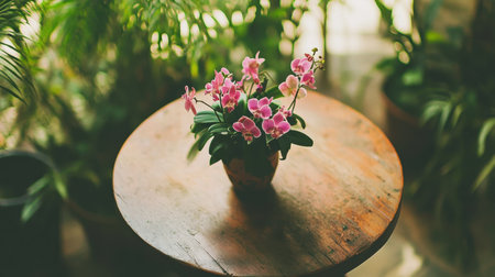 A delicate arrangement of pink orchids sits atop a rustic wooden table, creating a serene and inviting atmosphere enhanced by lush green plants in the background.の素材