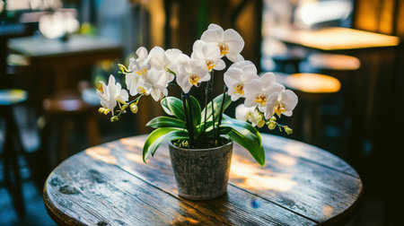A beautifully arranged white orchid in a rustic pot sits atop a wooden table, illuminated by warm ambient light, creating a serene and elegant indoor atmosphere.の素材
