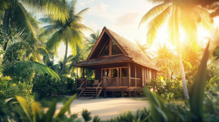 A picturesque tropical retreat, nestled among vibrant palm trees, showcasing charming architecture under a warm sunset. Ideal setting for relaxation and escape.の素材