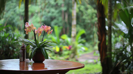 A stunning arrangement of pink orchids on a wooden table, surrounded by vibrant greenery, creates a tranquil atmosphere in a peaceful tropical garden setting.の素材