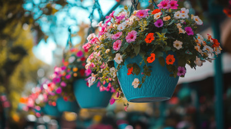 Bright hanging flower baskets showcase vibrant blooms in blue pots, creating a cheerful outdoor atmosphere. Ideal for nature lovers and gardening enthusiasts alike.の素材