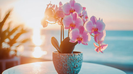 A stunning display of a pink orchid in a decorative pot captures the essence of tranquility during a sunset at the beach, evoking peaceful moments and natural beauty.の素材
