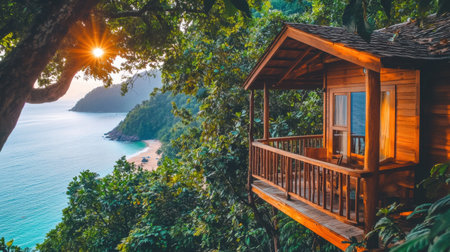 A charming wooden cabin offers breathtaking views of a tranquil beach at sunset, surrounded by lush greenery, evoking a sense of peace and natural beauty.の素材