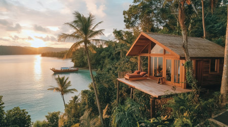 Experience a tranquil retreat in a picturesque wooden cabin overlooking a stunning tropical beach. Lush greenery and calm waters create a serene escape.の素材