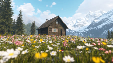 A charming wooden cabin sits amidst a vibrant meadow filled with blooming wildflowers, framed by majestic snow-capped mountains under a clear blue sky.の素材