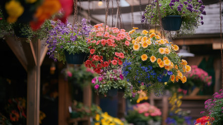 Explore a captivating scene featuring vibrant hanging flower baskets in a lush garden. A perfect composition of colors and floral arrangements brings nature's beauty to life.の素材