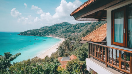Stunning view from a balcony showcasing a tranquil beach with turquoise waters and green hills. A perfect getaway for nature lovers and vacationers.の素材