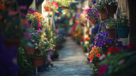 Explore a vibrant floral pathway filled with colorful hanging plants and blooming flowers, creating a charming and serene atmosphere in a garden alley.の素材