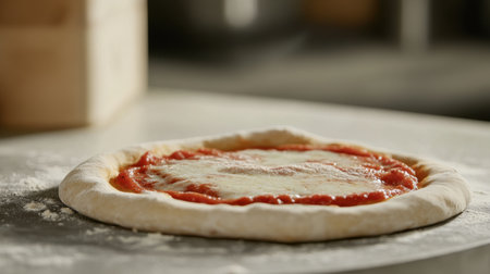 Explore the art of pizza making with this image featuring a pizza base topped with vibrant tomato sauce and cheese, ready for baking in a kitchen setting.の素材