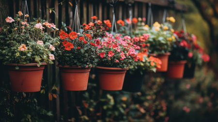 A beautiful display of hanging flower pots filled with vibrant blooms creates a lively and inviting atmosphere, perfect for enhancing outdoor spaces and gardens.の素材