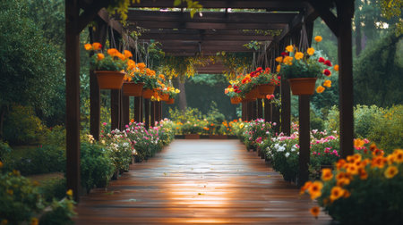 A beautiful wooden pathway surrounded by colorful flowers and hanging planters creates a tranquil atmosphere in this lush garden. Perfect for peace and inspiration.の素材