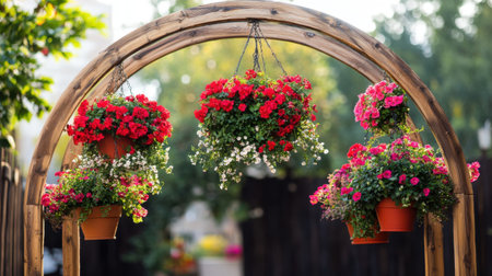 A vibrant display of flowers in hanging planters showcases a charming outdoor space with a wooden archway, perfect for enhancing garden aesthetics and serenity.の素材