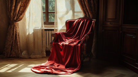 A striking red satin chair draped elegantly in a sunlit room creates a warm atmosphere, showcasing intricate design elements and a serene ambiance.の素材