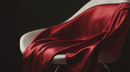 A captivating image featuring rich red satin elegantly draped over a modern white chair, showcasing a blend of luxury and minimalist design in a soft-lit studio environment.の素材