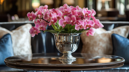 A stunning display of pink orchids in a silver vase, placed on a polished table, surrounded by luxurious couch pillows, creating an inviting and elegant atmosphere.の素材