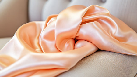 A soft peach satin fabric elegantly drapes over a plush cream armchair, showcasing luxurious texture and smoothness ideal for interior design photography and styling.の素材