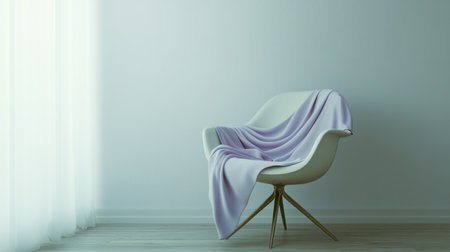 This image presents a sleek modern chair adorned with a soft purple blanket, set against a light-filled interior, creating a serene and inviting atmosphere for relaxation.の素材