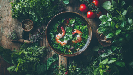 A vibrant shrimp dish artfully arranged with fresh herbs, vegetables, and rich colors on a rustic table. Ideal for culinary presentations and healthy eating concepts.の素材