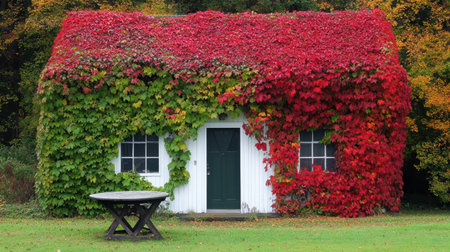 This enchanting cottage features walls adorned with lush green and vibrant red vines, offering a picturesque autumn scene that evokes rustic charm and tranquility.の素材
