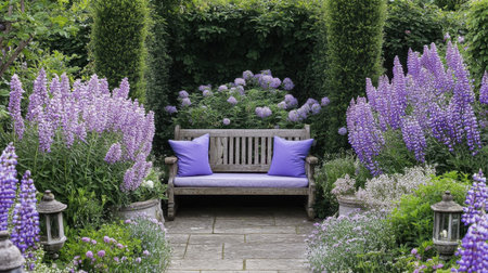 A charming garden scene featuring a wooden bench adorned with purple cushions, surrounded by vibrant purple flowers and greenery, inviting relaxation and tranquility.の素材